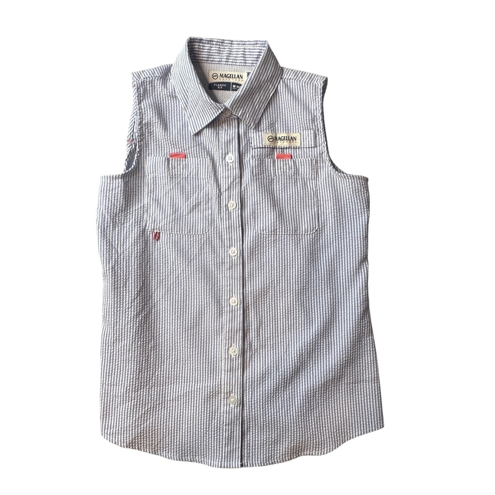 Magellan Outdoors Shirt Girls M 8-10 Blue Seersucker Southern Summer Sleeveless‎